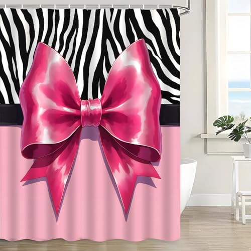 Pink Bow Zebra Print Shower Curtain 70" x 70" - Coquette Bathroom Decor
