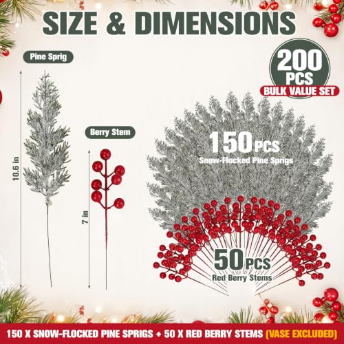 Artificial Christmas Snow Pine Branch with Red Berries - 200 Pieces, Variation: Classical