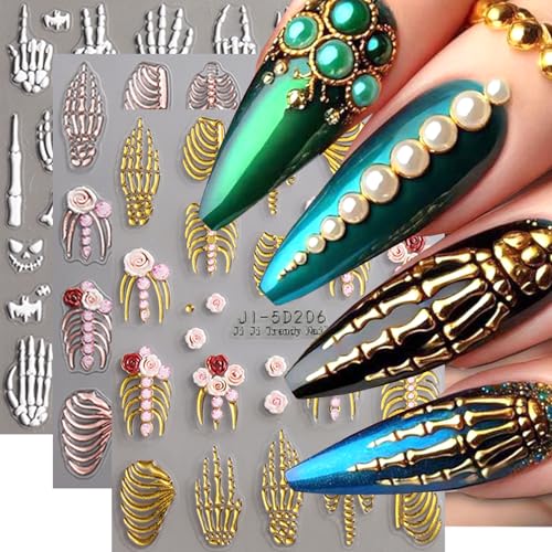 5D Halloween Skeleton Nail Art Stickers - Gothic Rose & Skull Decal Set