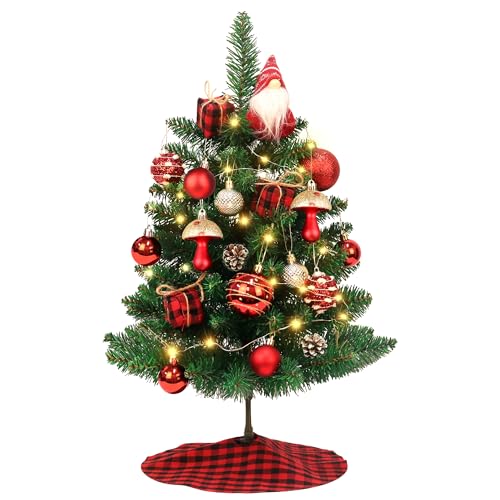 Mini Gnome Christmas Tree with Lights - 2 Ft Small Tabletop Holiday Tree