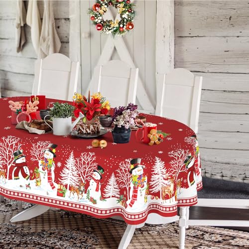 Oval Christmas Tablecloth 60 x 102In Red Snowman Santa Tree Waterproof Holiday Decor