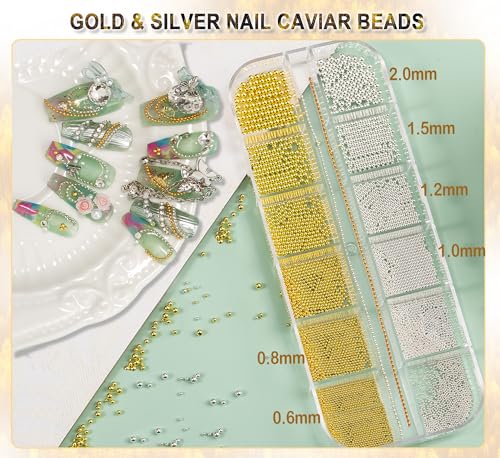 Gold & Silver Nail Caviar Beads and Flatback Pearls Set with Tools