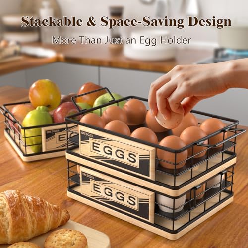 Farmhouse Egg Holder Countertop with Oak Wood & Metal - Natural & Black