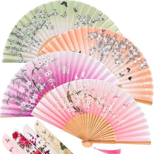 Zonon Silk Handheld Folding Fans - Forest Flowers Print (4 Pack)