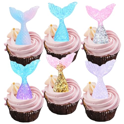 30 Pcs Glittering Mermaid Tail Cupcake Toppers - Resin Cake Decorations