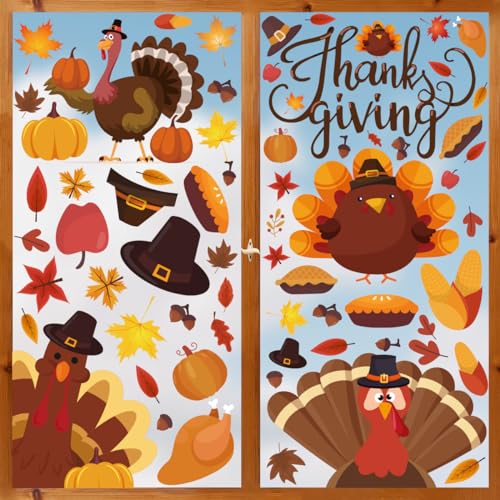 Thanksgiving Window Cling Stickers - 101 PCS Turkey & Pumpkin Decor