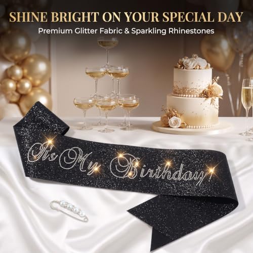 It's My Birthday Black Glitter Sash with Pearl Pin for Women