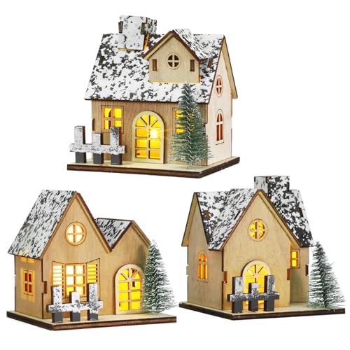 Lighted Christmas Village Houses Set with LED Lights, Wooden Holiday Decor
