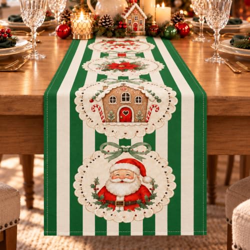 Green Stripe Candy Cane Poinsettia Christmas Table Runner 13 x 108 Inch Holiday Decor