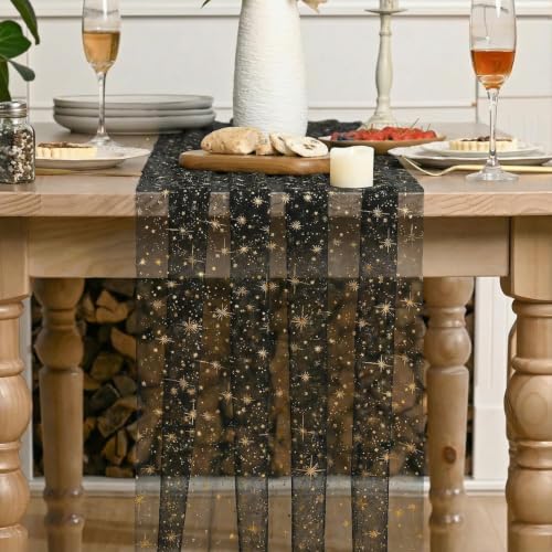 Artoid Mode Gold Stars Black Gauze Table Runner, 28 x 120 Inch
