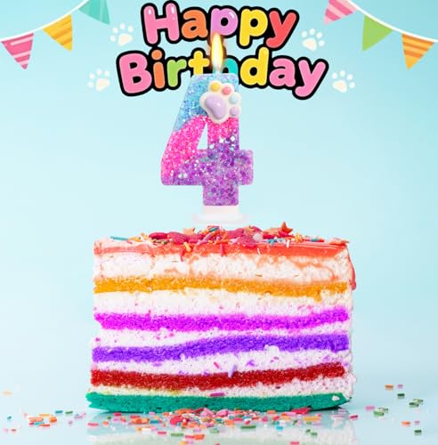 FAMGift Cute Paw Number 4 Candle – 4th Birthday Decorations for Kids Boys & Girls