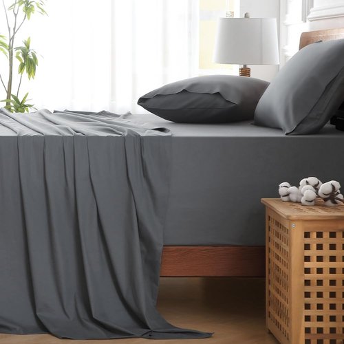 HYPREST Queen Sheet Set - Extra Deep Pocket 100% Cotton, Soft & Wrinkle-Free, Grey | Fits 18"-24" Mattresses
