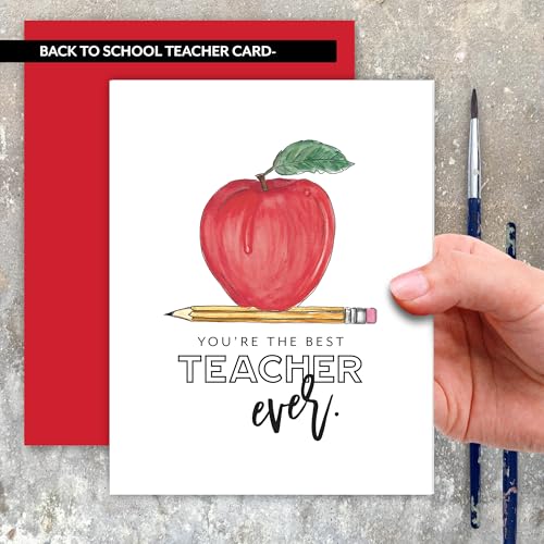 Best Teacher Appreciation Greeting Card with Envelope, Watercolor Apple Design