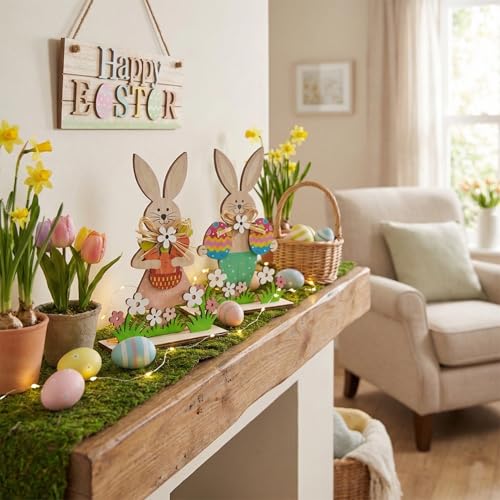 2-Piece Wooden Easter Bunny Decoration Set for Spring Decor