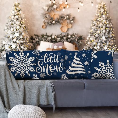 Blue Christmas Pillow Covers 18x18, Set of 4 Snowflake Holiday Decor