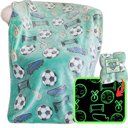 Glow in The Dark Soccer Throw Blanket - Cozy Fleece for Kids, 50"x60" Green