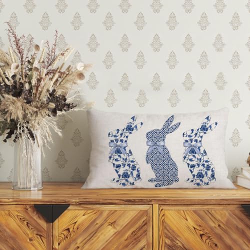 Blue Bunny Decorative Pillow Cover 12x20 Inch - Easter Chinoiserie