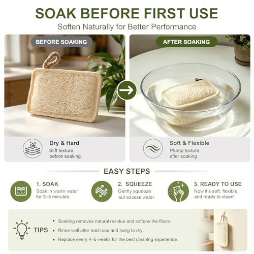 MUSDOOU Natural Loofah Dish Scrubber Sponges, 6 Pack Compostable Cleaning Pads