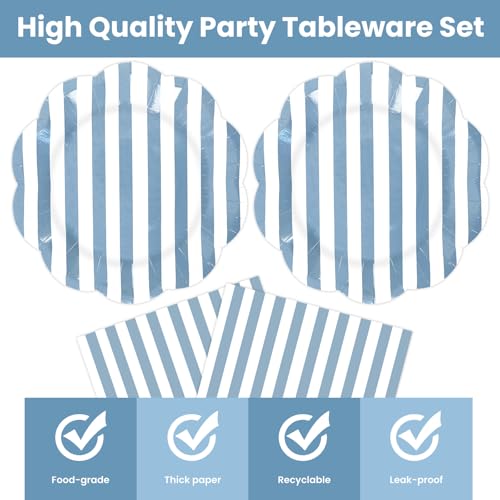 50pc Blue Striped Paper Plates and Napkins Set - Scalloped Party Tableware