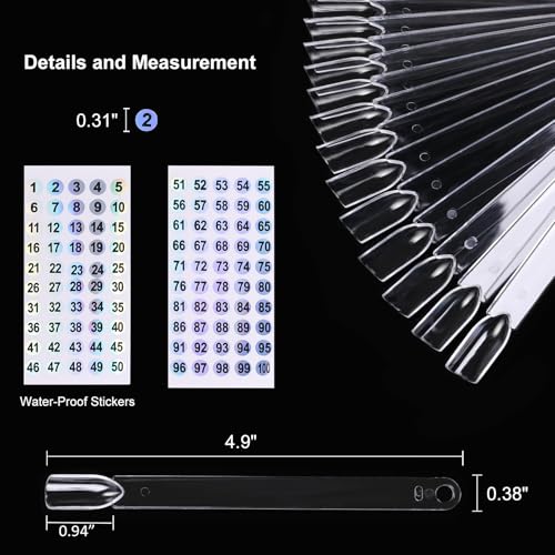 UPZIGS Nail Swatch Sticks with Ring and Number Stickers - 100 Pcs Transparent Fan Practice Tips
