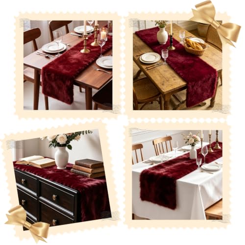 Burgundy Faux Fur Table Runner - Luxury Christmas Home Decor, 35.4 Inch