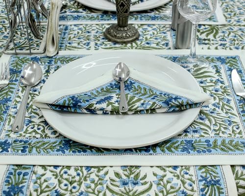 Woodland 110 Inch Round Hand Block Printed Cotton Tablecloth - Blue & White Floral