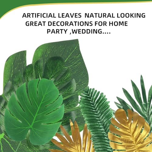 50pcs Artificial Palm Leaves Set, Green & Gold Tropical Jungle Decor