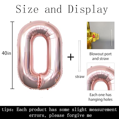 Keyali 40 Inch Rose Gold Number 0 Foil Helium Balloon for Birthday Party