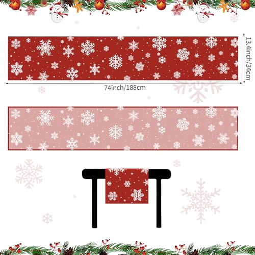 Christmas Table Runner - 13.4 x 74 Inch Rustic Red Snowflakes