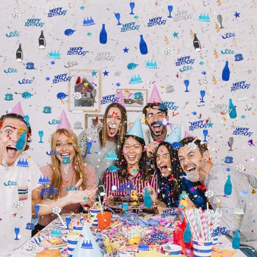 Blue and Silver Happy Birthday Confetti, 3000 Pcs Metallic Foil Table Scatter
