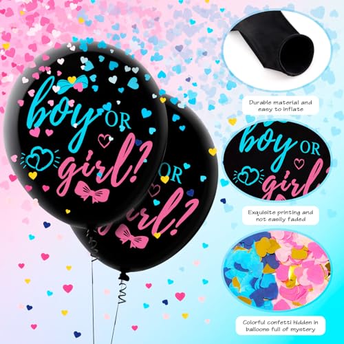 Black Bow Gender Reveal Balloons - 36 Inch Set with Confetti