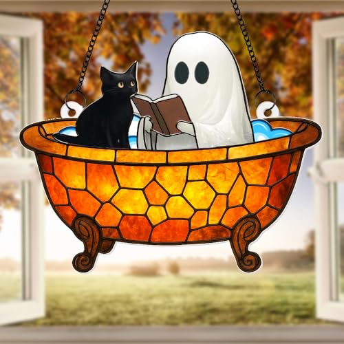 Halloween Ghost Cat Sun Catcher - Stained Glass Window Decor for Halloween & Gothic Home Accent