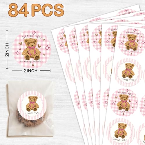 84pcs Baby Shower Thank You Stickers - Pink Bear Design, 2 Inch