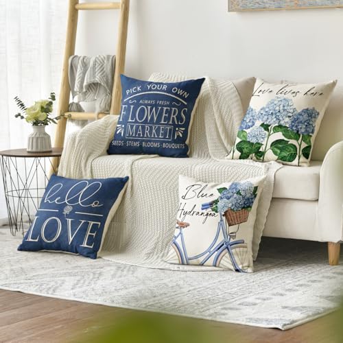 Hello Love Blue Hydrangea Throw Pillow Covers - Set of 4, 18x18