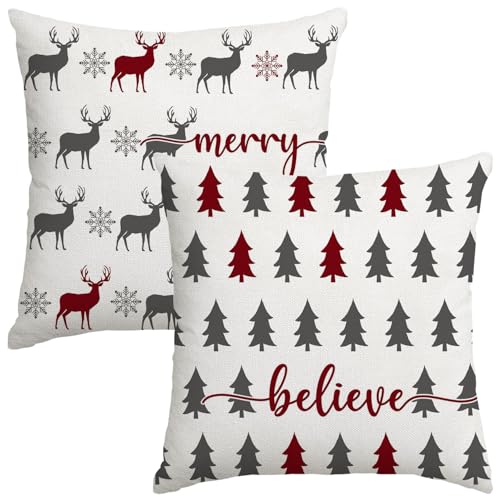 Artmag Christmas Throw Pillow Covers 16x16 Inch, Set of 2 Red Farmhouse