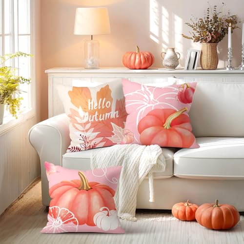 Fall Pink Pumpkin Throw Pillow Cushion Covers - Set of 4, 18x18