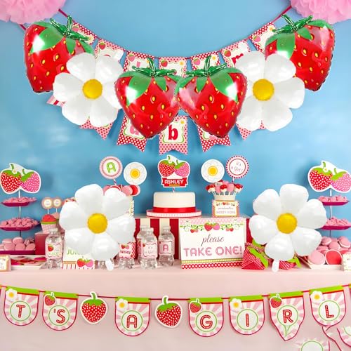 8 Strawberry & Daisy Foil Balloons for Birthday Parties