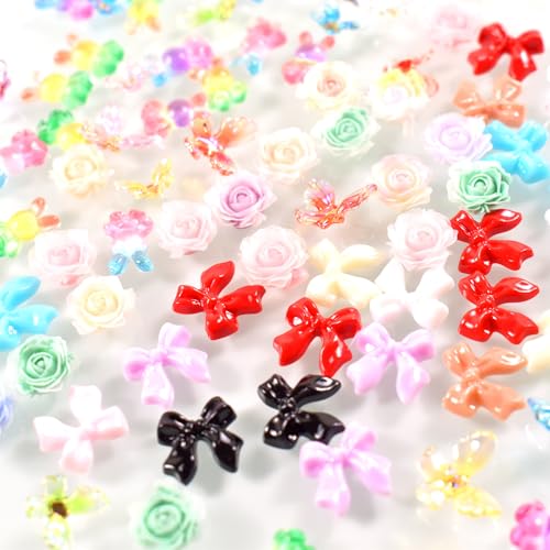 80Pcs 3D Resin Nail Charms Camellia Flowers Bows Rabbits & Butterflies