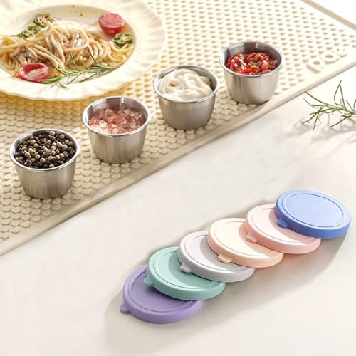 PandaEar 6 Pack Stainless Steel Condiment Containers - 2.4 oz Leakproof Cups with Silicone Lids