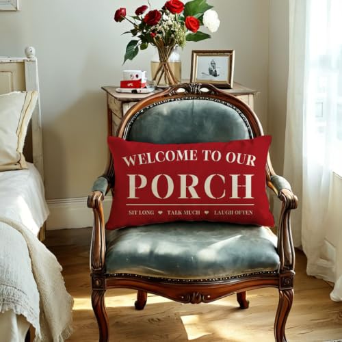 Welcome to Our Porch Pillow Cover 12”x20” Red Double-Sided