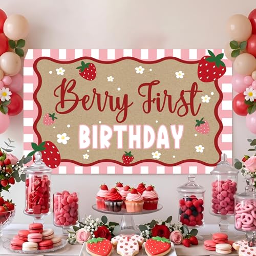 Strawberry Birthday Banner for First Birthday Party Decorations Girls Kids