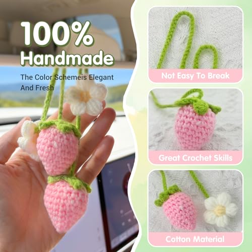 Handmade Crochet Strawberry Car Hanging Ornament - Cute Rearview Mirror Decor
