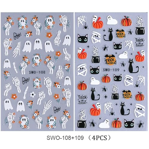 5D Embossed Halloween Nail Stickers Ghost Black Cat Nail Decals 4 Sheets
