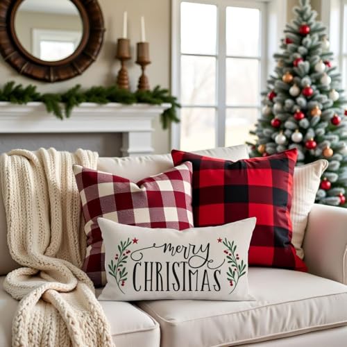 HERHOME Black 20x12 Inch Holiday Christmas Holly Berries Throw Pillow Cover