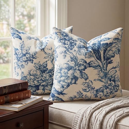 Vintage Blue White Floral Linen Throw Pillow Covers - Set of 2, 18x18