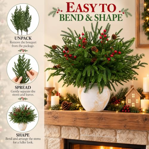 Christmas Norfolk Pine Stems - 16pcs Real Touch Holiday Decor for Vase & Wreaths (Variation: Christmas / 16 PCS)