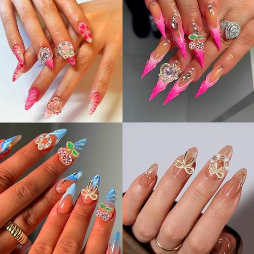 60 Pcs Heart Nail Charms Y2K Alloy Rhinestone & Bow Art Decorations