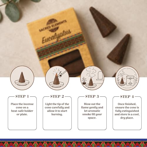 Eucalyptus Organic Incense Cones - Sacred Elements (Pack of 4) | Handcrafted, Low Smoke Aromatherapy for Relaxation