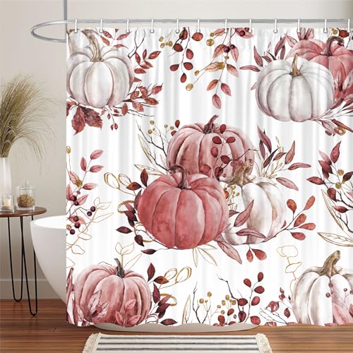 Uokiuki Fall Pumpkin Shower Curtain, Rustic Autumn Maple Leaves 70x70 Inch