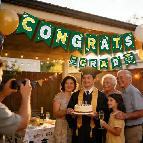 Green and Gold 2026 Graduation Banner Congrats Grad Party Backdrop